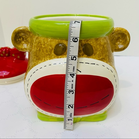 Girl Sock Monkey Ceramic Cookie Jar Real Home Earthenware Red Smiley Face. - Picture 5 of 13